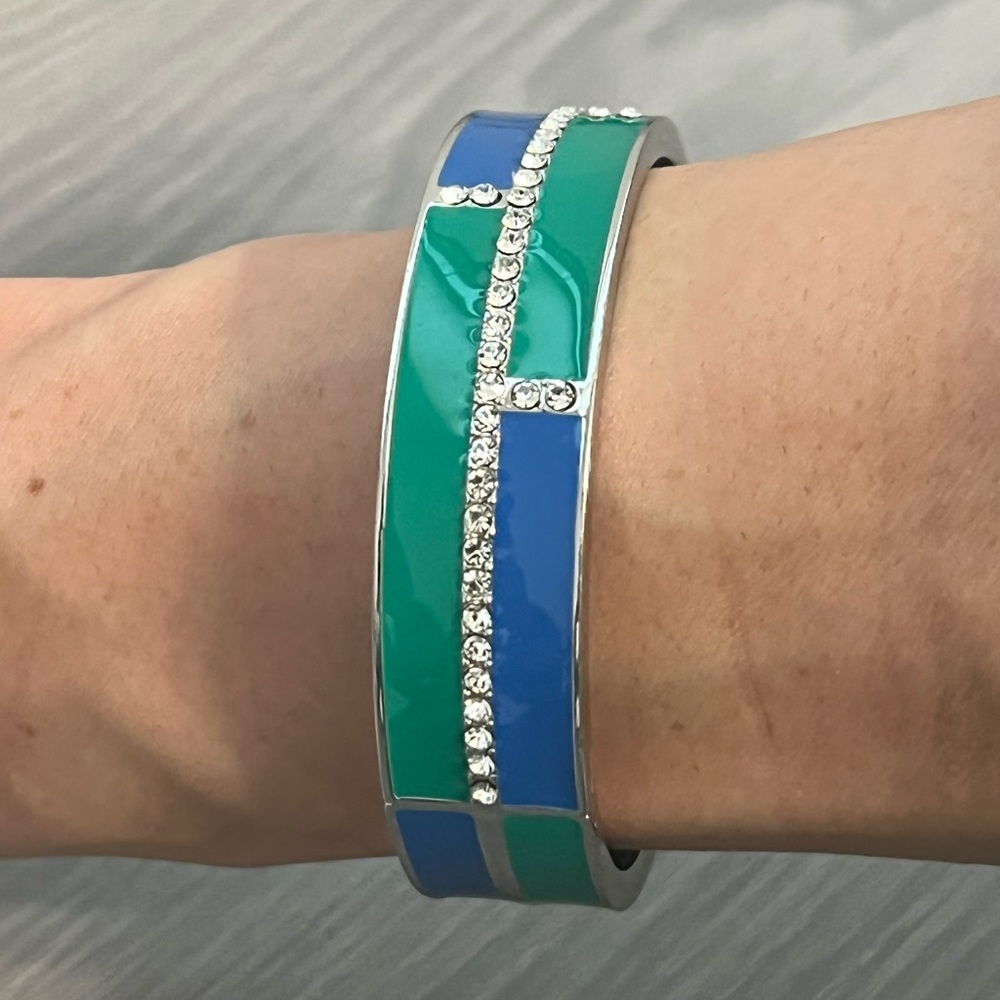 Silver Hinged Bangle Bracelet, Green and Blue Colorblock Design, CZ Diamonds